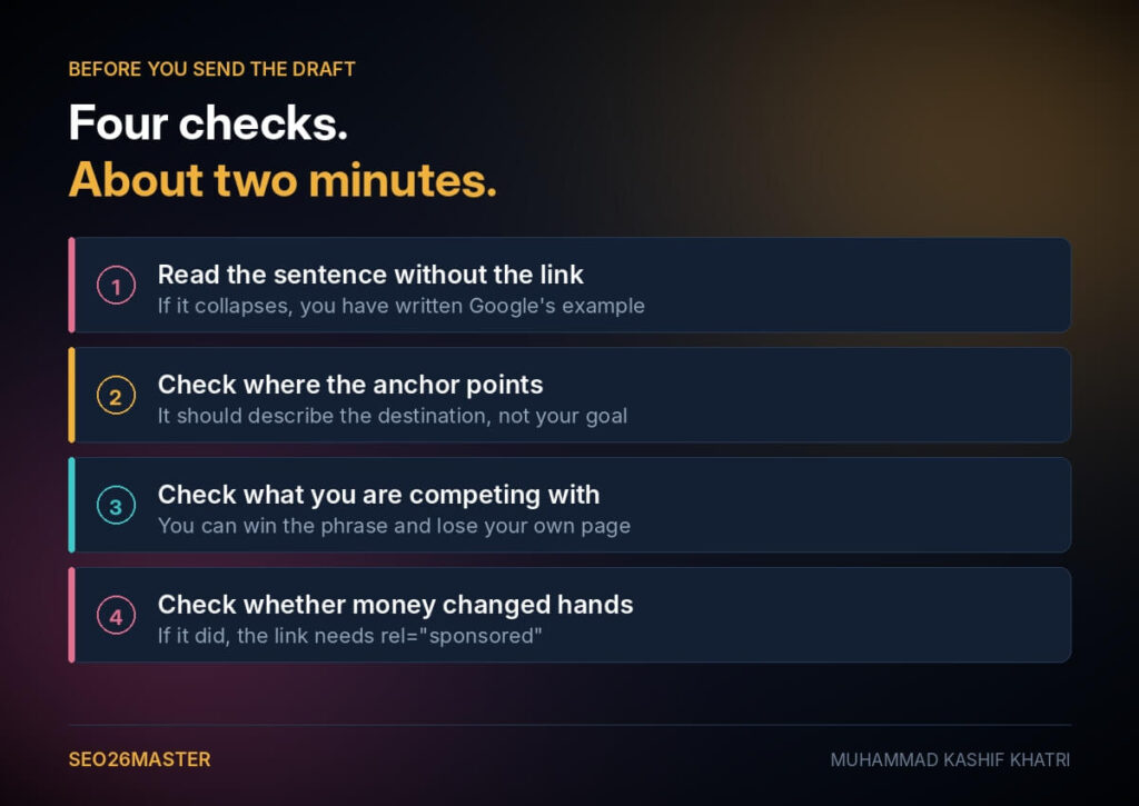 Four numbered checks to run on a guest post anchor before sending the draft, including reading the sentence without the link