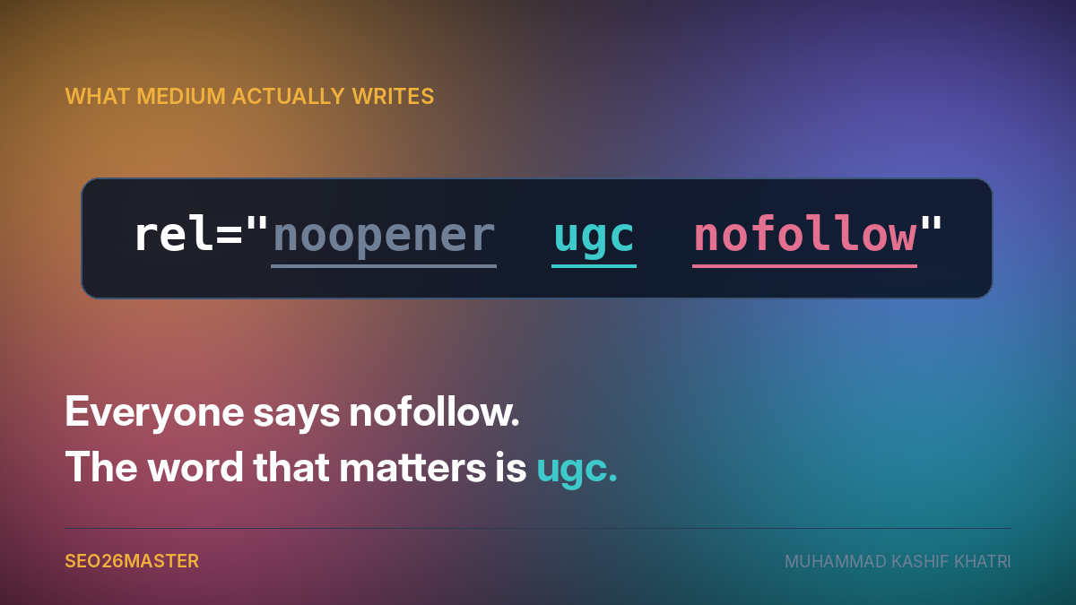 Medium's link tag rel equals noopener ugc nofollow with each value shown in a different colour