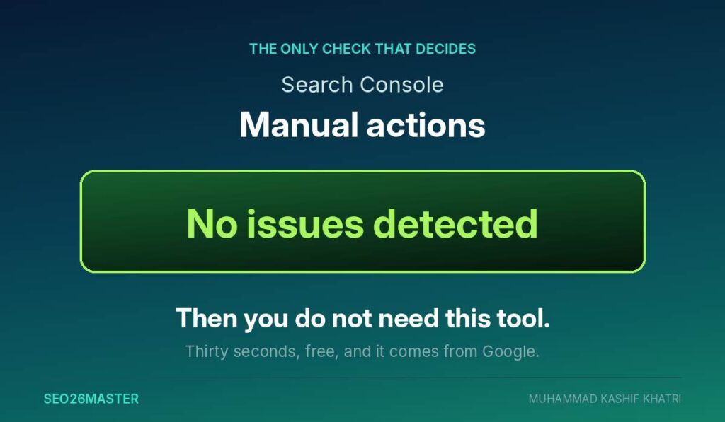 The Manual actions screen in Google Search Console showing no issues detected, meaning you do not need the disavow tool