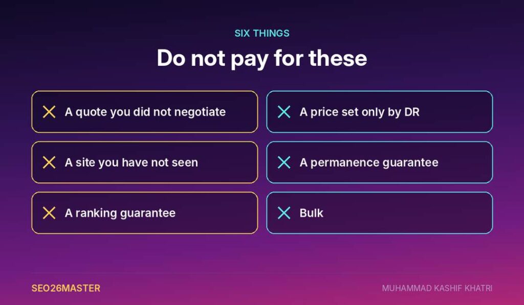 Six things not to pay for when buying a guest post, including an unnegotiated quote, a price set only by domain rating and a permanence guarantee