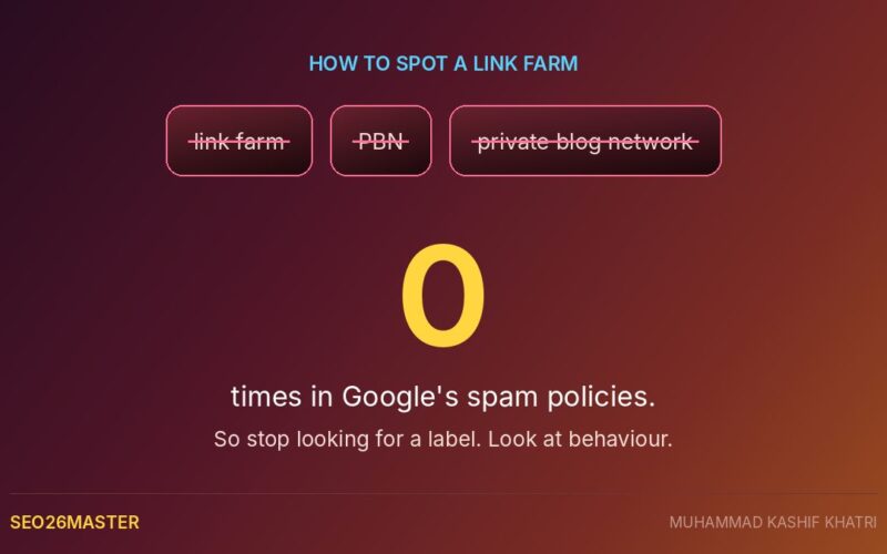 Three crossed out terms, link farm, PBN and private blog network, above a large zero and the line times in Googles spam policies