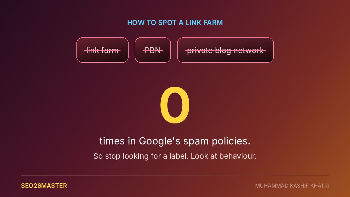 Three crossed out terms, link farm, PBN and private blog network, above a large zero and the line times in Googles spam policies