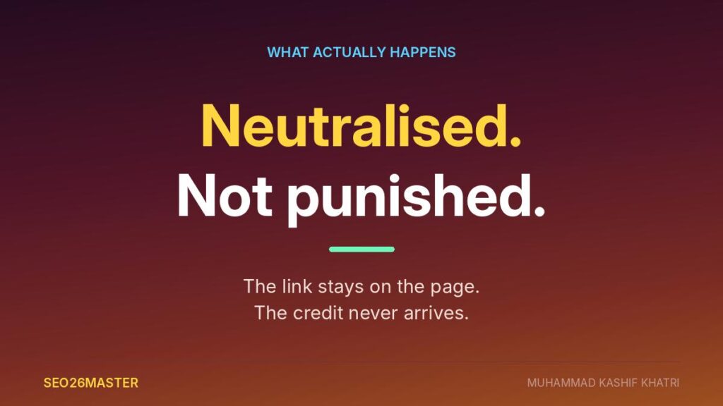 The words neutralised and not punished, with the line the link stays on the page, the credit never arrives